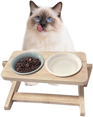 Elevated Cat Bowl, 12 Ounce Ceramic Raised Cat Bowl for Dry and Wet Food, 2 Dishs with Adjustable Wood Stand, for Indoor Kitten, Cats and Puppy, Dishwasher Safe (Cream+Green by Hululu