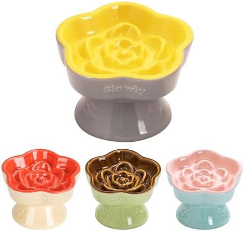 S&Q's CERAMICS Raised Slow Feeder Cat Bowl, Ceramic Elevated Food Bowl Small Dogs Slow Feeder, Flower Shaped Cute Pet Dish for Dry and Wet Food (Yellow, 5.8") by SQsCeramics