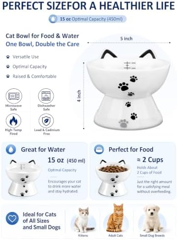 15 oz Elevated Cat Water Bowl, Ceramic Pet Bowl with Tick Mark - Image 4