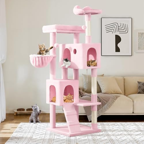 Allewie 64 Inches Multi-Level Cat Tree Tower for Indoor Cats Pink by Allewie