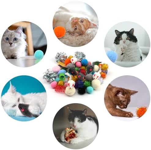 QUOZUO 60 Packs Cat Toys Balls Set Spiral Springs Assorted, Kitten Sparkle Ball, Mouse Toys, Cat Crinkle Balls Springs, Soft Pom Pom Balls - Image 6