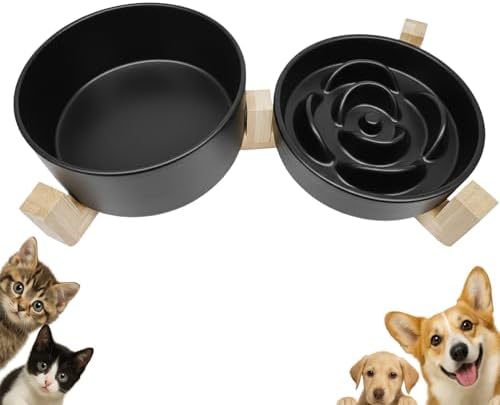 Ceramic Slow Feeder Dog Bowl Set-0.8 Cup Puzzle Dog Food Bowl（≈180g Food） for Fast Eater & 850ML Dog Water Bowl with Wooden Stand for Small Dogs and Cats,Anti-Slip,Black - Image 2
