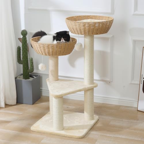 SHENGOCASE Cat Tree Tower with Rattan Wicker Basket, 2 Handwoven Large Nest Baskets Bed, Window Perch for Large Cats up to 20LBS - Image 3