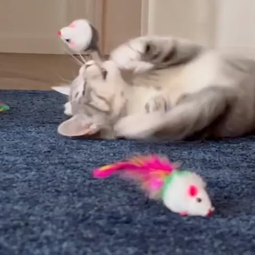 Smokey's Stash Faux Fur Cat Mice Toys (12-Pack) – Infused with Catnip, Colorful Feather Tails & Rattle Sounds – Interactive Hunting Exercise for Indoor Cats & Kittens - Image 7