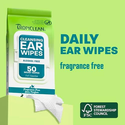 TropiClean Dog Ear Wipes, Dog Ear Cleaner, Soothing Itch Relief, Gently Removes Wax and Debris, Odor Eliminating, Safe for Daily Use, Cat Safe, 50ct. - Image 2