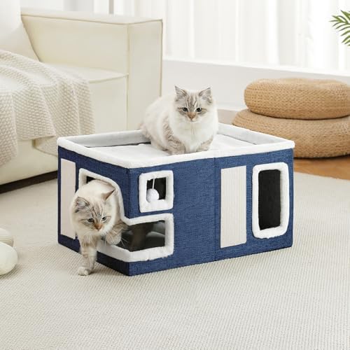 Large Cat Houses for Indoor Cats, Extra Wide Cat Cave Bed with Scratch Pad and Fluffy Ball, Foldable Cat Hideaway Condo for Large Cats, Modern Kitten Bed,23x16x13 inches (Blue, X-Large) - Image 6