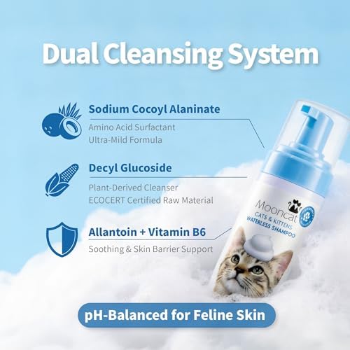 Mooncat Waterless Cat Shampoo + 2-in-1 Cat Bath Brush Set, No Rinse Dry Foam Bath for Short Hair Cats & Kittens, SGS-Tested Lick-Safe, Veterinarian Approved & pH-Balanced, Brush, 5 oz - Image 5
