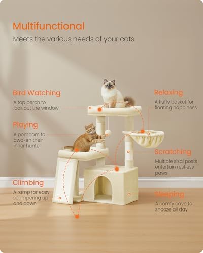 Feandrea Cat Tree, 33.8" Cat Tower Condo, Scratching Posts and Ramp, Beige - Image 3