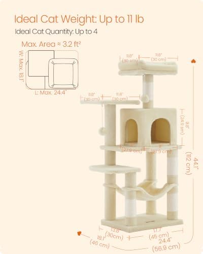 Feandrea Cat Tree, 44.1-Inch Cat Tower, Multi-Level Condo, Beige - Image 3