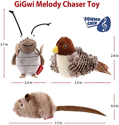 Gigwi Interactive Toy Set for Indoor Cats - 3PCS Plush Pack Including Squeaky Feather, Mouse Hunt, Chase Bird, and Chirping Cricket Toys - Image 4