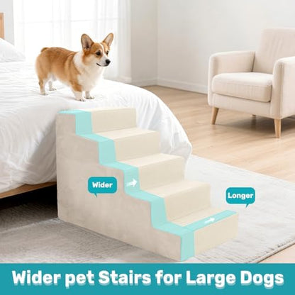 Dog Stairs for Bed, Extra Wide 5-Step Dog Steps for High Bed, High-Density Foam Pet Stairs with Non-Slip Removable Washable Cover for Small Pets, 23" H, Beige - Image 7