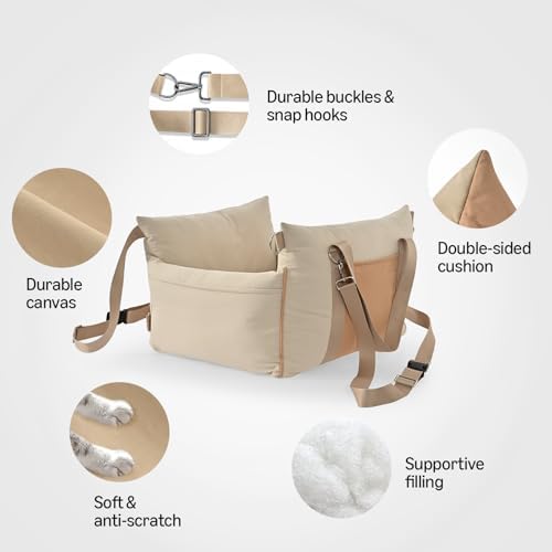 Amazon Basics Dog Car Seat, Pet Booster for Small-Medium Dogs with Leash & Washable Cover, Beige - Image 2