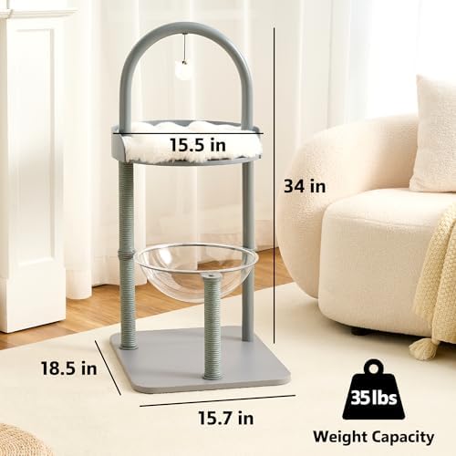 34" Modern Cat Tree Furniture for Indoor Small & Medium Cats, Minimalist Cat Tower with Scratching Posts, Wood Platforms, Capsule Perch, Stable Steel Frame & Washable Cushion, Dove Gray - Image 5