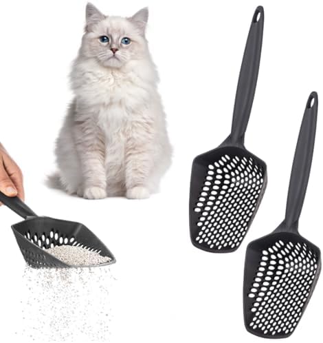 Set of 2 Cat Litter Scoop with Small Holes for Fine Litter, Hanging Handle Deep Reptile Terrarium Sand Sifter, Poop Scooper Rabbit Pooper Lifter Kitten Sifting Shovel (Black, Set of 2) by EYNEL