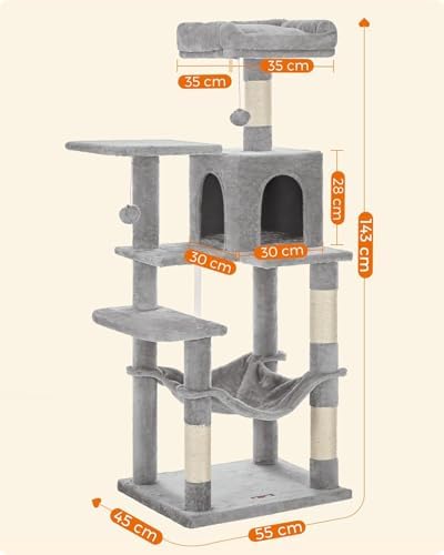 Feandrea Cat Tree, 54.2-Inch Cat Tower, Multi-Level Condo, Light Gray - Image 6