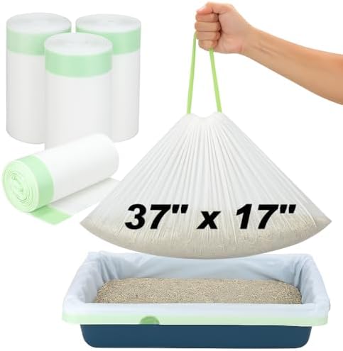 Thickened Extra Large Cat Litter Box Liners 37" x 17", 40 Count Kitty Waste Bags with Drawstring – Heavy Duty Tear-Resistant Waterproof Pre-Separated Cat Litter Pan Liners for Easy Cleanup by AUXMOTEC