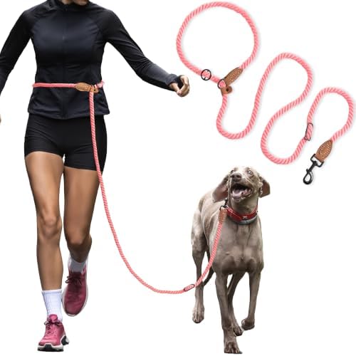 Mile High Life Hands Free Dog Leash, Crossbody Waist Leash with Genuine Leather Connection, Multifunctional Adjustable Slip Lead for Dog Walking Running (Coral Red, 8FT) by MileHighLife
