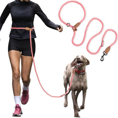 Mile High Life Hands Free Dog Leash, Crossbody Waist Leash with Genuine Leather Connection, Multifunctional Adjustable Slip Lead for Dog Walking Running (Coral Red, 8FT) by MileHighLife