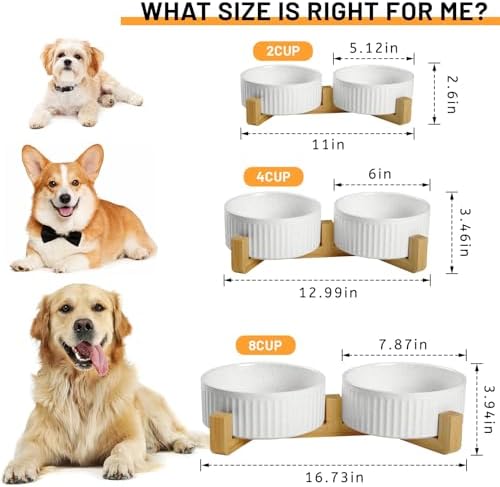 Non-Slip Ceramic Dog Bowls with Wood Stand,6" Dog Food and Water Bowl Set with Silicone Base, 32 OZ/4 Cups Weighted Flip-Proof Pet Feeding Bowl for Small Dogs and Cats (Medium,White) - Image 3