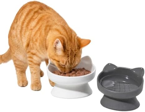 Kitty City Elevated Slow Feeder Cat Bowls (Set of 2), Whisker-Friendly Raised Cat Food Dishes with Ridges, Helps Reduce Fast Eating & Digestion Issues, Dishwasher Safe, 6.5 oz – White & Gray - Image 2