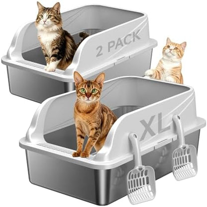2PACK Stainless Steel Litter Boxes with Lid, Large Metal Pan Include Scoop by KISENG