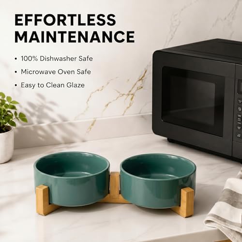 SPUNKYJUNKY Ceramic Dog and Cat Bowl Set with Wooden Stand, Modern Cute Weighted Food Water Set for Small Size Dogs (13.5OZ) & Medium Sized Dogs (28.7OZ) & Cats (1.7 Cups, 2 × Light Green) - Image 6