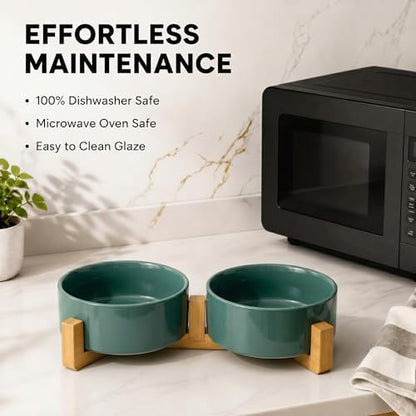 SPUNKYJUNKY Ceramic Dog and Cat Bowl Set with Wooden Stand, Modern Cute Weighted Food Water Set for Small Size Dogs (13.5OZ) & Medium Sized Dogs (28.7OZ) & Cats (1.7 Cups, 2 × Light Green) - Image 6