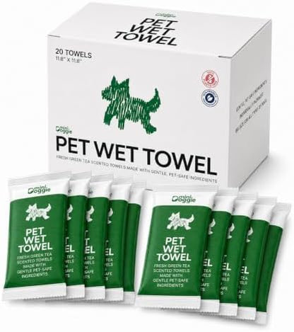 Pet Wet Towel for Small Dogs — Individually Wrapped 11.8" Square Bath Wipes, No-Rinse, Fresh Green Tea Scent, Travel-Ready (20 Count) by miniDoggie