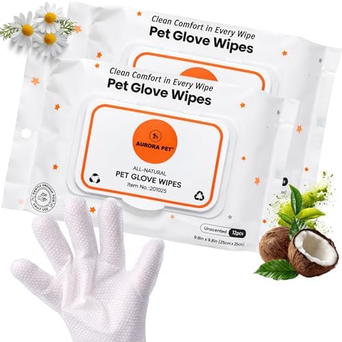 Aurora Pet Glove Wipes for Dogs & Cats, Wearable No-Rinse Grooming Glove Wipes for Paws, Face, Ears & Body, Hypoallergenic Disposable Pet Cleaning Wipes, Unscented, 24 Count by AuroraPet%C2%AE