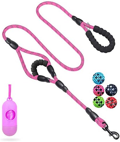 JSXD 5 FT Heavy Duty Double Handle Dog Leash with Comfortable Padded and Reflective Rope, for Small, Medium, Large Dogs (Rope-Pink) by JSXD