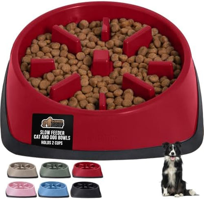 GORILLA GRIP® Patented Slow Feeder Dog and Cat Bowl, BPA Free, 2 Cup Red by GorillaGrip