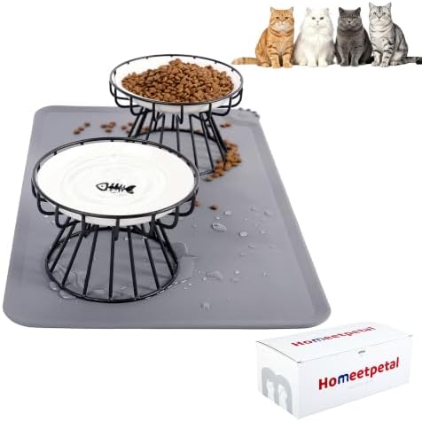 Elevated Ceramic Cat Bowl Set of 2 with Silicone Mat by Unknown