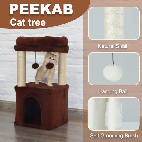 PEEKAB Small Cat Tree with Condo Up to 8 Lbs,Kitty Tower with Scratching Post and Perch for Kittens and Small Cats,Dangling Ball,Beige - Image 2
