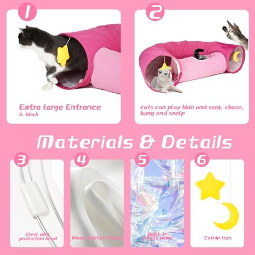 Cat Tunnel, Large Indoor Durable Collapsible Interactive Cat Tube with Peek-A-Boo Hole, Hanging Toys, and Crinkly Paper Lining - Cute Tunnel for Cats, Kittens, Puppies & Rabbits, Pink - Image 3