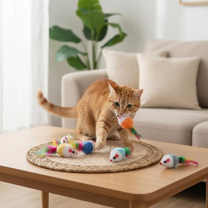 6 Pack Mouse Toys for Cats, Furry Rattle Interactive Mice Toys with Feather Tails Realistic Faux Fur Cat Mouse Toys for Indoor Cats & Kittens (6 Color) - Image 6