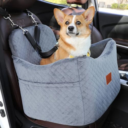 Dog Booster Car Seat for Dogs under 35lbs,Elevated Pets Seat with Safety Strap,Ultra Soft Fabric and Memory Foam Car Dog Bed,Safety,Comfy,Non-Slip&Washable Carseat Cushion for Travel,Cars,SUV.(H-Grey) by VERGODPRODogCarSeatBed