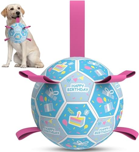 QDAN Dog Birthday Toys, Puppy Birthday Gifts, Dog Soccer Ball with Straps by QDAN