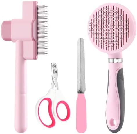 Cat Grooming Kit, 4-in-1 Cat Grooming Tools with Cats Brush, Flea Comb, Nail Clipper & Trimmer - Deshedding & Dematting for Pets Hair and Paws, Pet Shedding Set for Indoor Dogs & Cats (Pink) by HCHYEY