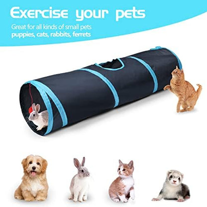 Sheldamy Cat Tunnel, 2-Way Collapsible Play Tunnel, Interactive Toy Maze for Small Animals, Suitable for Kittens, Puppies, Rabbits, Ferrets, Blue & Black - Image 5