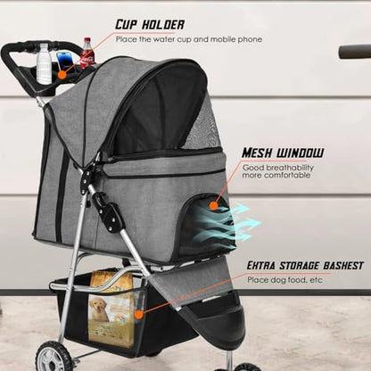 FDW 3 Wheels Pet Stroller Folding Dog Cat Jogger Stroller with Storage Basket &Cup Holder Portable Lightweight Travel Carrier, Grey - Image 5