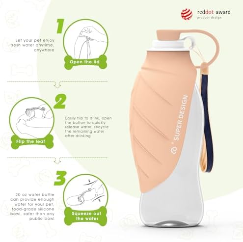 SUPERDESIGN Dog Water Bottle, Portable Dog Water Bottle for Small to Large Dogs, Leak Proof Dog Travel Water Bottle, Small Leaf Travel Water Bowl for Dogs and Dog Walking Accessories (19.6OZ, Pink) - Image 2