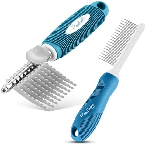 Poodle Pet Bundle - Dematting Fur Rake Comb Brush Tool with Steel Safety Blades and Detangling Pet Comb with Long and Short Stainless Steel Teeth for Detangling Matted or Knotted Undercoat Hair (Blue) by Poodlie