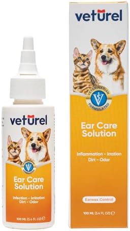 Veturel Gentle Dog Ear Care - Dog Ear Odor - Dog Ear Cleaner - Ear Wash for Dogs - Cat and Dog Ear Cleaning Solution - Soothes Itchy Ears - Removes Ear Wax - Cat Ear Care 3.4 oz by Veturel