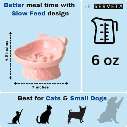 Winnie The Pooh Series Ceramic Slow Feeder Cat Bowl, Raised Anti-Gulping Design with Bear Ears, Pastel Colors, Quilted Pattern Base (Pink) - Image 2