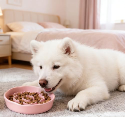 Pet Feeding Bowls, Ceramic Slow Feeder Dog Bowl - Heavy Weighted Blue Bloom Food Dish for Small to Medium Dogs - Non-Slip, Microwave & Dishwasher Safe Pottery Maze to Fast Eating (Pink) - Image 6