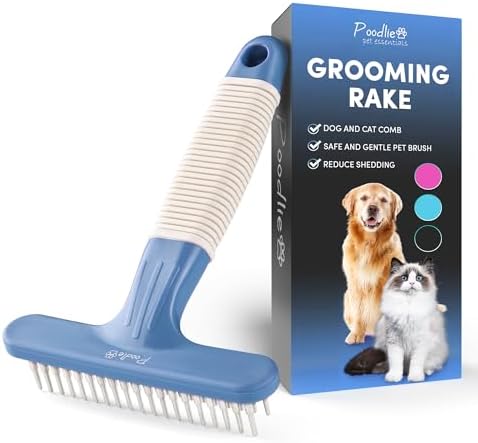 POODLIE Poodle Pet Dog Grooming Rake | Dematting Tool with Stainless Steel Shedding Comb for Pets | 2 Rows of Pins Gently Remove Loose or Tangled Hair from Undercoat (Blue) by Poodlie