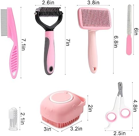 VCZONE 8 Pcs Dog Grooming Kit with Self Cleaning Tools: Nail Clipper, Flea Comb, Shampoo Brush, Shedding Brush, Dematting Comb, Silicone Toothbrush (Pink) - Image 2