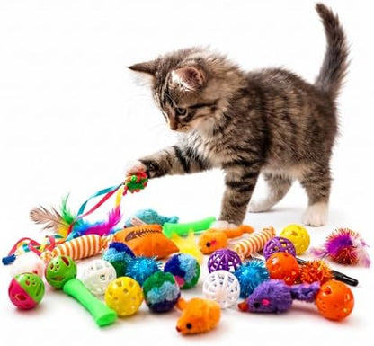 Kitty Catnip Toys- 60 Interactive Cat Toys for Indoor Cats & Kittens – Crinkle Balls, Sparkle Pom Pom Balls, Spiral Springs, Cat Mice, Teaser Wand, Kitten Toys - Variety Pack by KittyCatnipToys