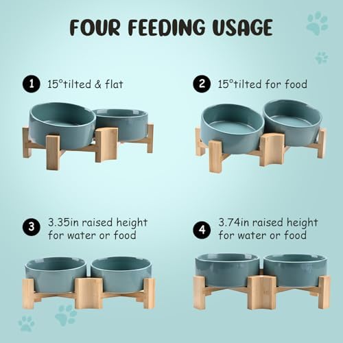 SPUNKYJUNKY 15° Slanted Ceramic Dog and Cat Bowl with Wooden Stand, Tilted Bulldog Food and Water Bowl No Slip Non-Spill for Cats Medium Dogs Big Face Pets 13.5 OZ (1.7 Cups, Light Green × 2) - Image 3