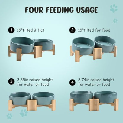 SPUNKYJUNKY 15° Slanted Ceramic Dog and Cat Bowl with Wooden Stand, Tilted Bulldog Food and Water Bowl No Slip Non-Spill for Cats Medium Dogs Big Face Pets 13.5 OZ (1.7 Cups, Light Green × 2) - Image 3